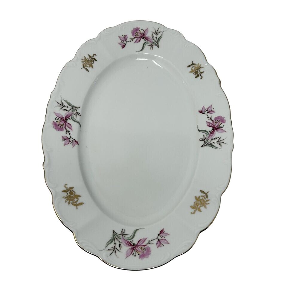 Fine Bohemian China Oval Platter Czechoslovakia 13 3/4" Vtg Pink Lily Gold Trim